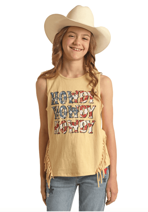 Rock & Roll Cowgirl Girl's "Howdy" Fringe Yellow Tank Top RRGT20R110