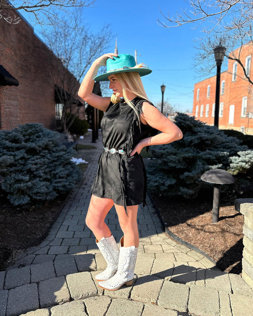 Rock & Roll Cowgirl Women's Black Fringe Microsuede Dress RRWRD0R0Y5BK-Painted Cowgirl Western Store