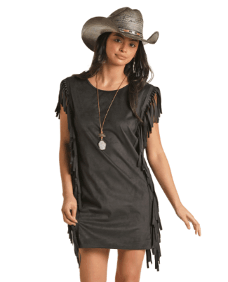 Rock & Roll Cowgirl Women's Black Fringe Microsuede Dress RRWRD0R0Y5BK