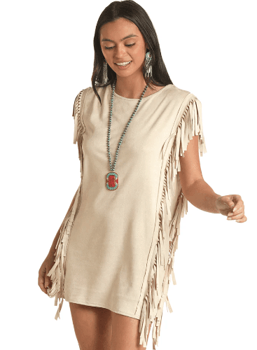 Rock & Roll Cowgirl Women's Ecru Fringe Microsuede Dress RRWRD0R0Y5EC