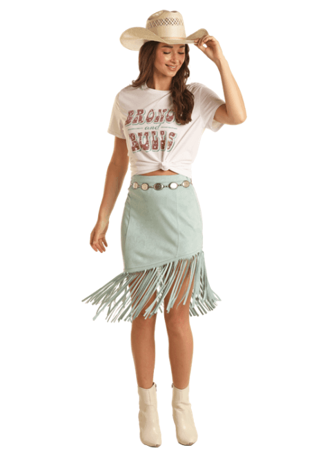 Rock & Roll Cowgirl Women's Light Turquoise Asymmetrical Fringe Microsuede Skirt BW69B03278-TQ