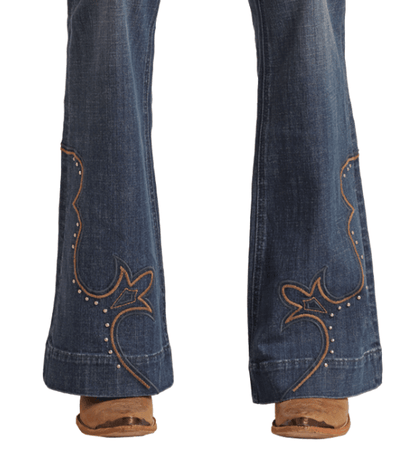 Rock & Roll Cowgirl Women's Mid Rise Western Embroidered Trouser Jeans BW5MD03579