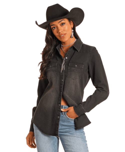 Rock & Roll Cowgirl Women's Rough Stock Black Denim Long Sleeve Snap Up Western Shirt BWN2S03703