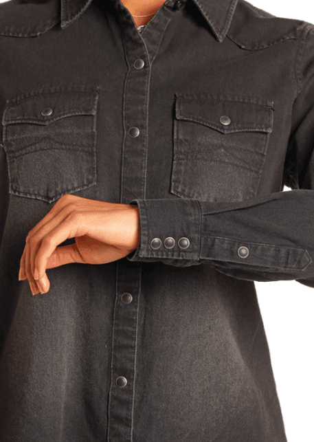 Rock & Roll Cowgirl Women's Rough Stock Black Denim Long Sleeve Snap Up Western Shirt BWN2S03703