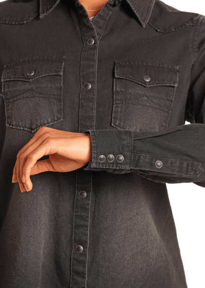 Rock & Roll Cowgirl Women's Rough Stock Black Denim Long Sleeve Snap Up Western Shirt BWN2S03703