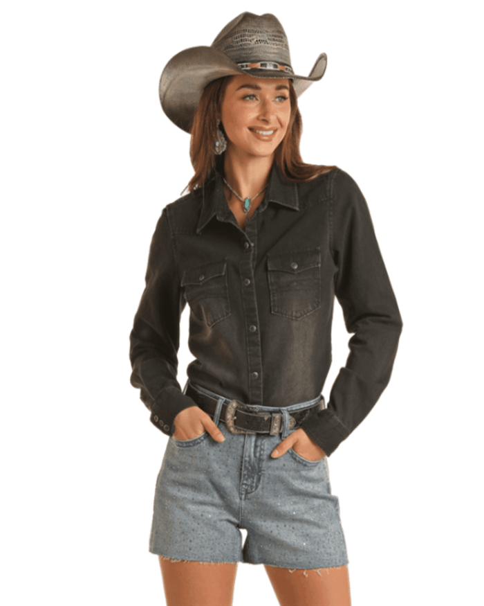 Rock & Roll Cowgirl Women's Rough Stock Black Denim Long Sleeve Snap Up Western Shirt BWN2S03703
