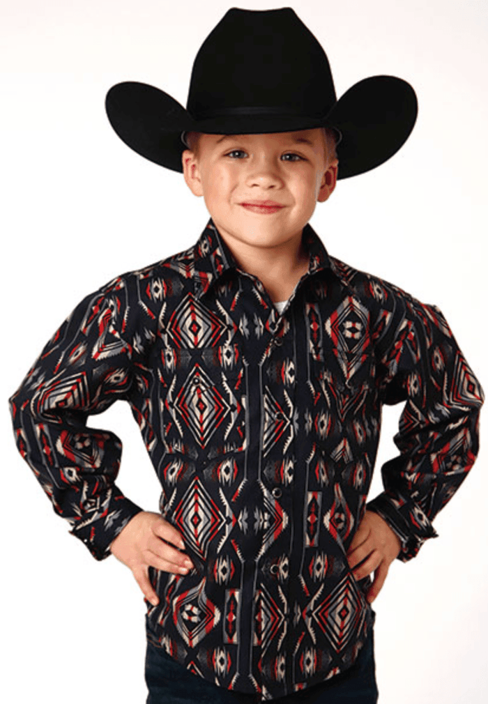 Roper Boy's Vertical Aztec Blanket Stripe Long Sleeve Snap Western Shirt 0485-0616
