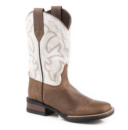 Roper Children’s Monterey Brown Leather & White Top Square Toe Cowboy Boots 0911-2941