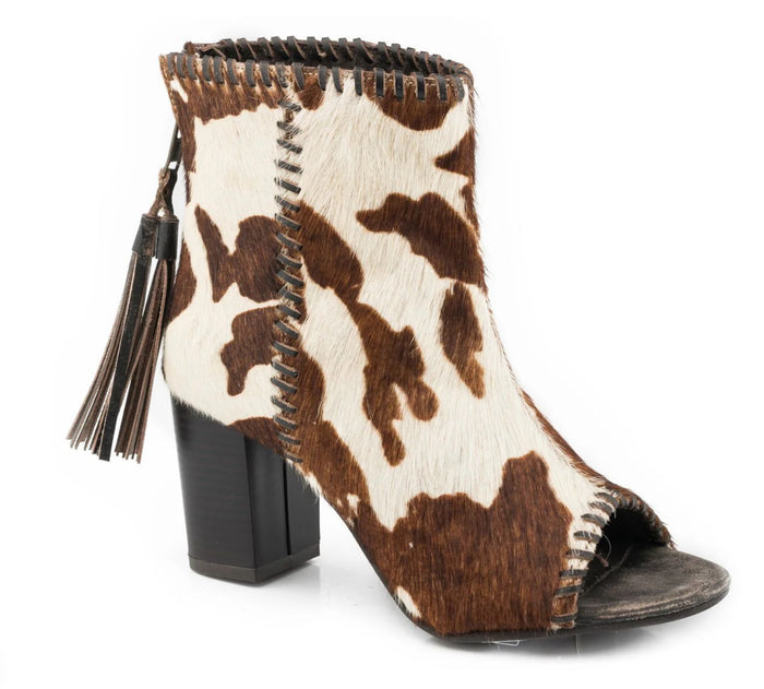 Roper Women's Betsy Red & White Genuine Cow Hide Open Toe Bootie Cowprint Sandal 0946-3069-Painted Cowgirl Western Store
