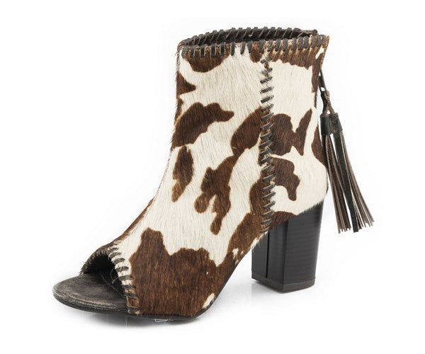 Roper Women's Betsy Red & White Genuine Cow Hide Open Toe Bootie Cowprint Sandal 0946-3069-Painted Cowgirl Western Store