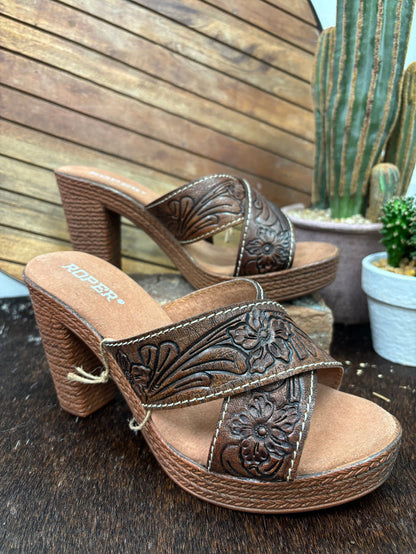 Roper Women's Cognac Tooled Leather Open Toe Sandal 0946-3211-Painted Cowgirl Western Store