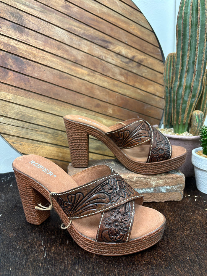 Roper Women's Cognac Tooled Leather Open Toe Sandal 0946-3211-Painted Cowgirl Western Store