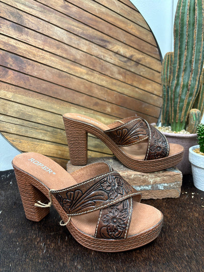 Roper Women's Cognac Tooled Leather Open Toe Sandal 0946-3211-Painted Cowgirl Western Store
