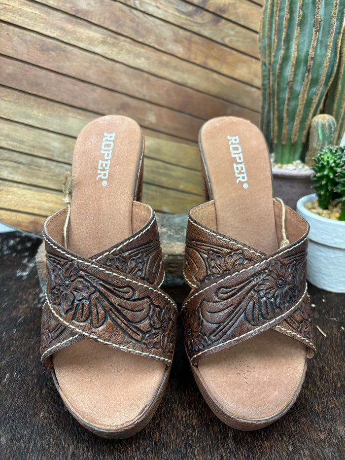 Roper Women's Cognac Tooled Leather Open Toe Sandal 0946-3211-Painted Cowgirl Western Store