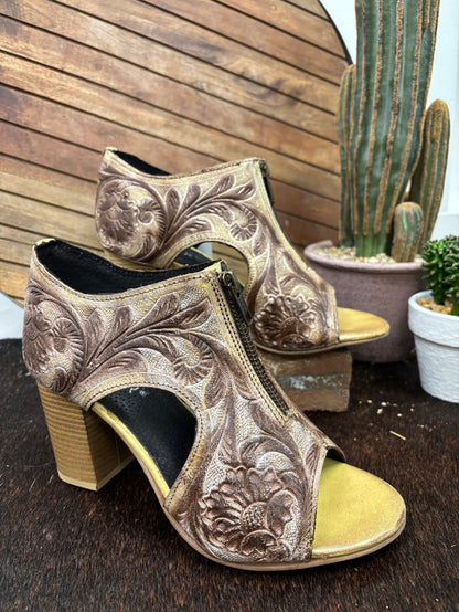 Roper Women's Creme Tooled Leather Open Toe Zip Mule Sandal 0946-3306-Painted Cowgirl Western Store