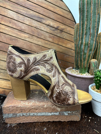 Roper Women's Creme Tooled Leather Open Toe Zip Mule Sandal 0946-3306-Painted Cowgirl Western Store
