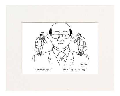 "Run it by legal." "Run it by accounting." (A businessman listens to the angel and devil on his shoulders.)