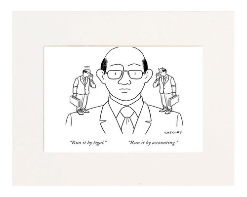"Run it by legal." "Run it by accounting." (A businessman listens to the angel and devil on his shoulders.)