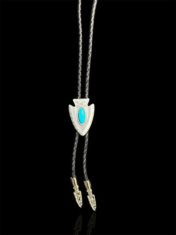 Silver Arrowhead Turquoise Black Leatherette Bolo Tie 22118-Painted Cowgirl Western Store
