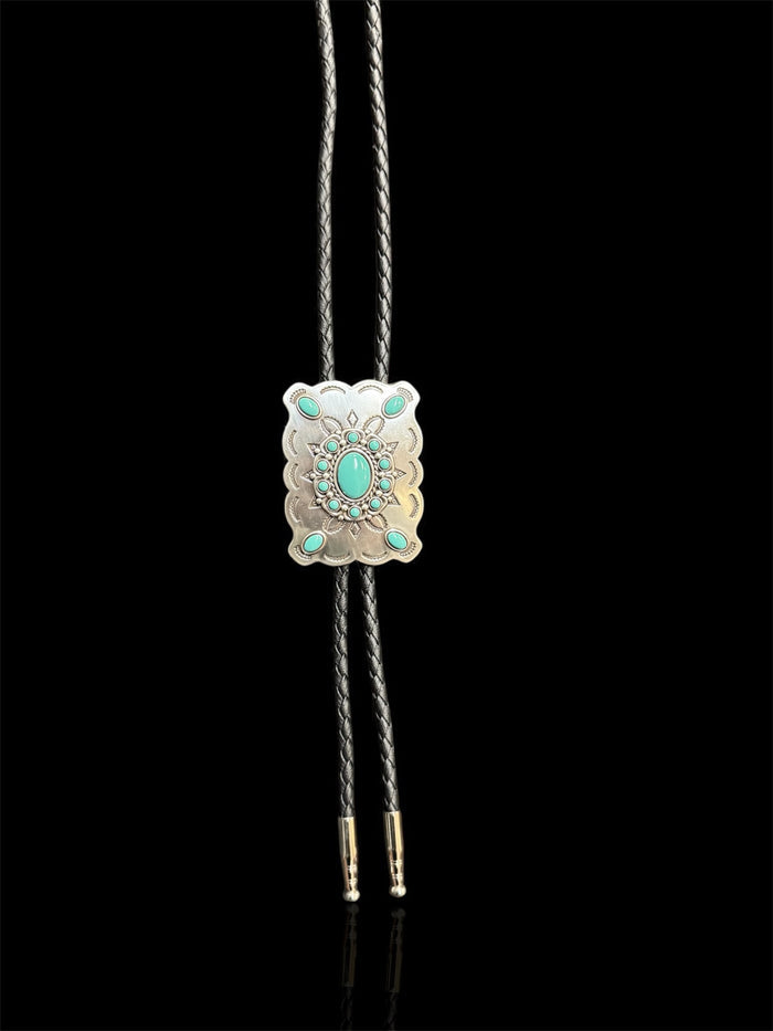 Silver Rectangle Western Concho with Turquoise Black Leather Bolo Tie 22232-Painted Cowgirl Western Store