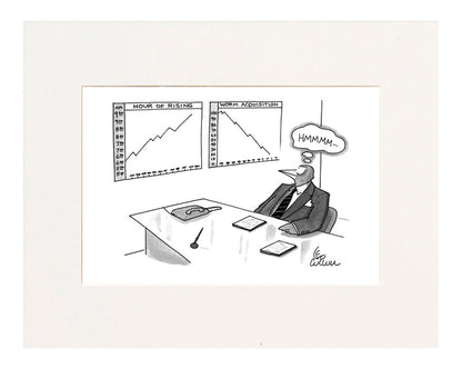 (A bird, in a suit, notices charts which compare 'hour of rising,' with 'worm acquisition.' Refers to the saying, "The early bird catches the worm.")