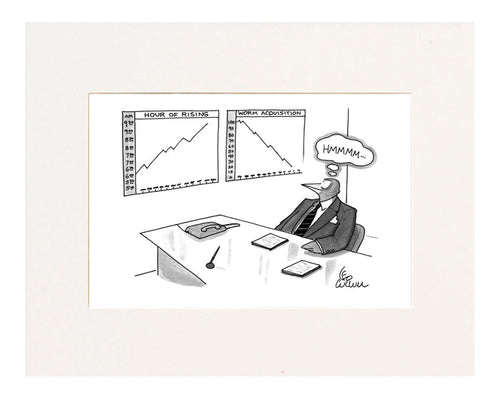 (A bird, in a suit, notices charts which compare 'hour of rising,' with 'worm acquisition.' Refers to the saying, "The early bird catches the worm.")