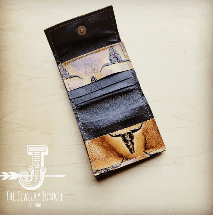 The Jewelry Junkie Arizona Tri-Fold Embossed Leather Wallet-Tan Steer Head 303k