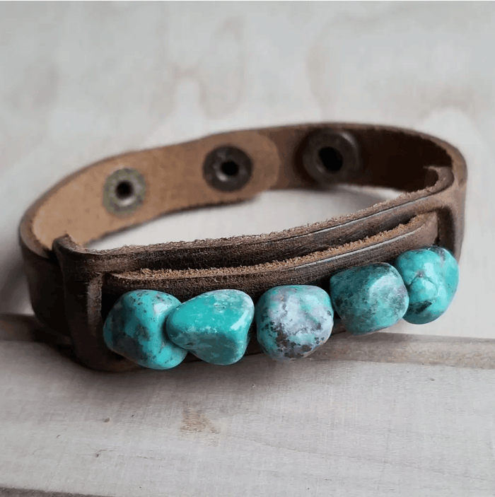The Jewelry Junkie Narrow Brown Leather Cuff with African Turquoise Bracelet 006q