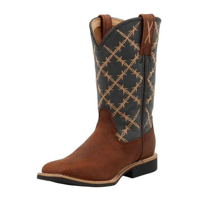 Twisted X Children & Youth Top Hand Brown & Slate Blue Square Toe Boot YTH0019-Painted Cowgirl Western Store