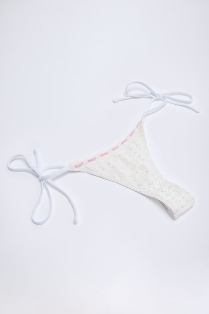 Broderie Anglaise Side-Tie Thong Bikini Bottoms in White