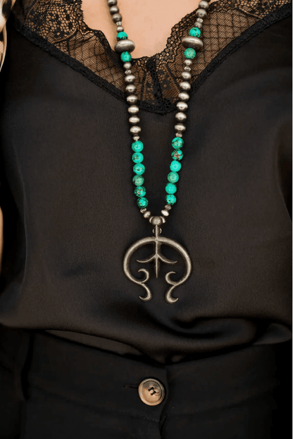 West & Co 36" Faux Navajo Pearl Necklace w/ Naja Charm & Green Turquoise N1239