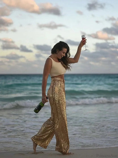 Wide Leg Pants High Waist Sequins Long Pants