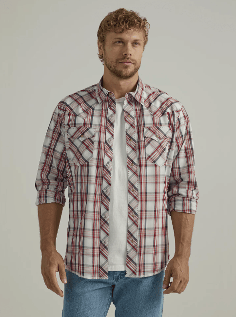 Wrangler Men's Biking Red Plaid Long Sleeve Western Snap Shirt 112330776