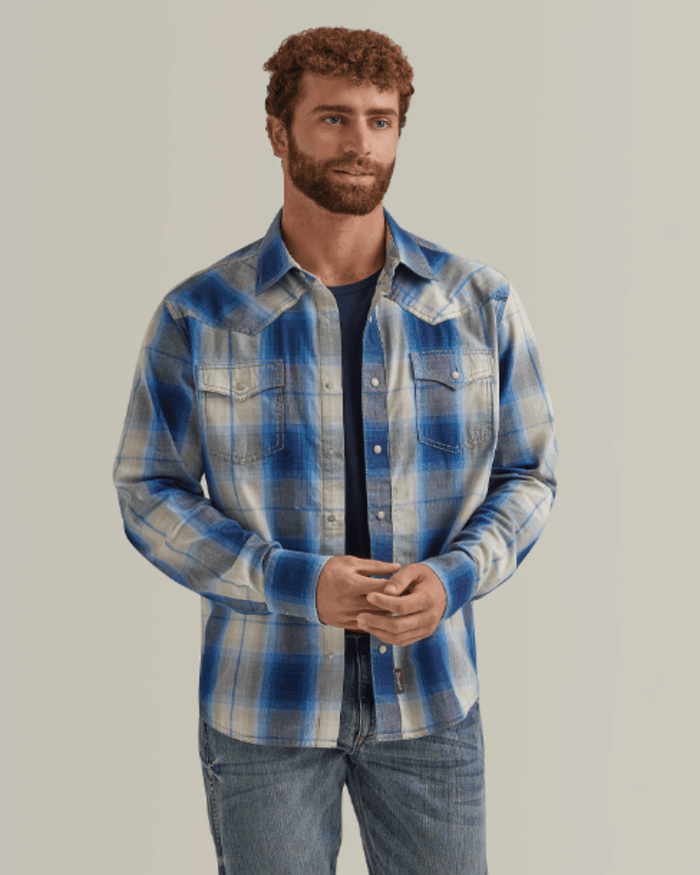 Wrangler Retro Men's Beigey Blue Plaid Snap Long Sleeve Western Shirt 112344559