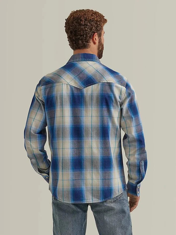Wrangler Retro Men's Beigey Blue Plaid Snap Long Sleeve Western Shirt 112344559-Painted Cowgirl Western Store