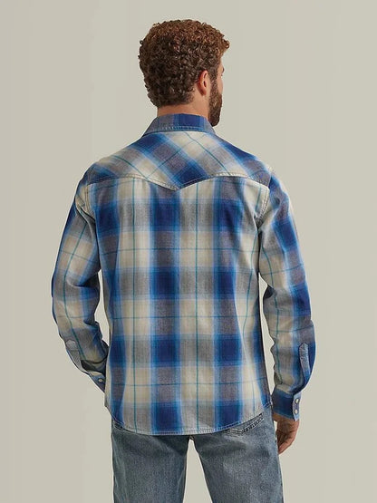 Wrangler Retro Men's Beigey Blue Plaid Snap Long Sleeve Western Shirt 112344559-Painted Cowgirl Western Store