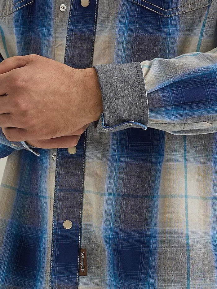 Wrangler Retro Men's Beigey Blue Plaid Snap Long Sleeve Western Shirt 112344559-Painted Cowgirl Western Store