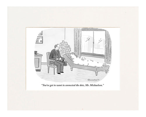 "You've got to want to connect the dots, Mr. Michaelson." (Therapist talking to numbered, dotted outline of patient, lying on couch.)